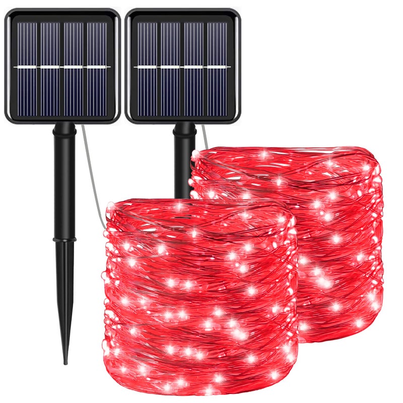 YAOZHOU Red Solar Christmas String Lights Outdoor Waterproof, 2Pack Total 200Led 8 Modes Copper Fairy Lights, Solar Powered Outside Decorations for Valentines Day, Garden, Patio, Fence, Balcony - Image 1